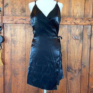Whimsigoth, Y2k, 90's Black Satin Wrap Mini Dress Sz L